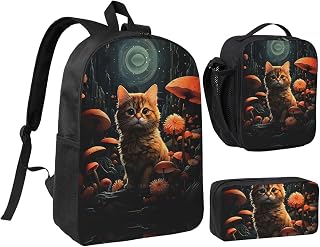 Cat Backpack Set 3 PCS - 17 Inch Laptop Backpack with Lunch Bag, Waterproof Daypack Insulated Lunch Box Large Capacity Coin Pouch Personalized Gift