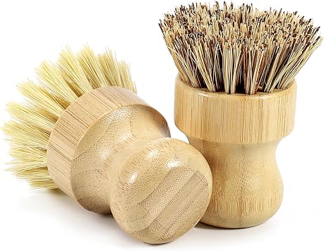 DEBETOOL 2-Pack Bamboo Dish Brush Natural Dish Scrub Brush with Sisal & Palm Bristles for Non-Stick Pans, Pots, Vegetables, and Kitchen Cleaning