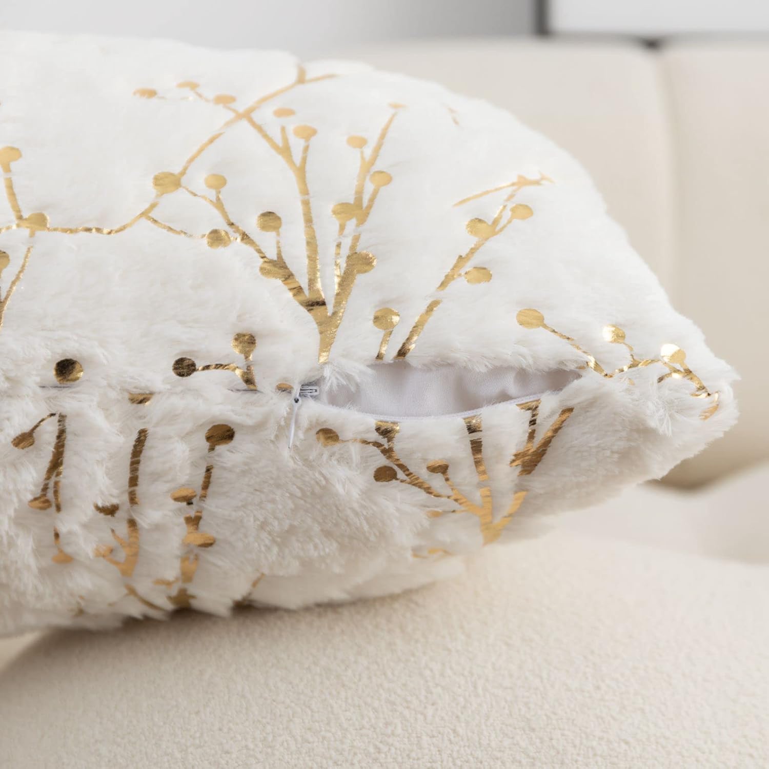 LIGICKY Set of 2 Fluffy White Faux Fur Pillow Covers Gold Branches Glitter Throw Pillows Decorative Soft Furry Sparkling Square Cushion Cases for Sofa Bedroom Party Fall Autumn Décor 24x24inch