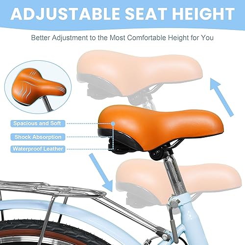 Miniatura 6 de Bicicleta de crucero para niñas, 24, 26 pulgadas, 7 velocidades, con cesta de ratán y asiento ajustable, bicicleta ligera para niños, niñas, niños,