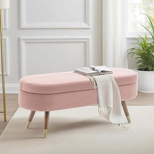 Miniatura 8 de IAFIKE Banco de almacenamiento ovalado de 43.5 pulgadas, banco otomano tapizado de tela boucle con patas de metal dorado, extremo de cama para