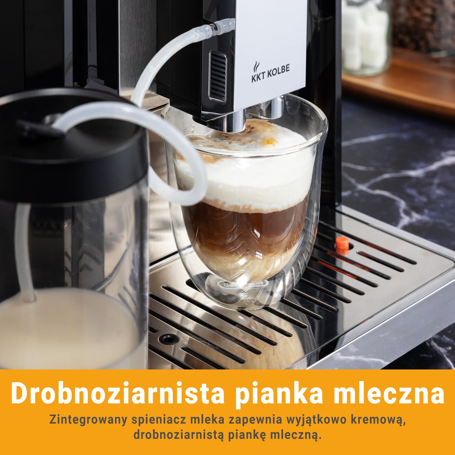 KKT KOLBE One w pełni automatyczny ekspres do kawy z pojemnikiem na mleko, dyszą do pianki na mleko i akcesoriami, funkcja 2 filiżanek, 15 bar, 7-stopniowy mechanizm mielący, ekran dotykowy