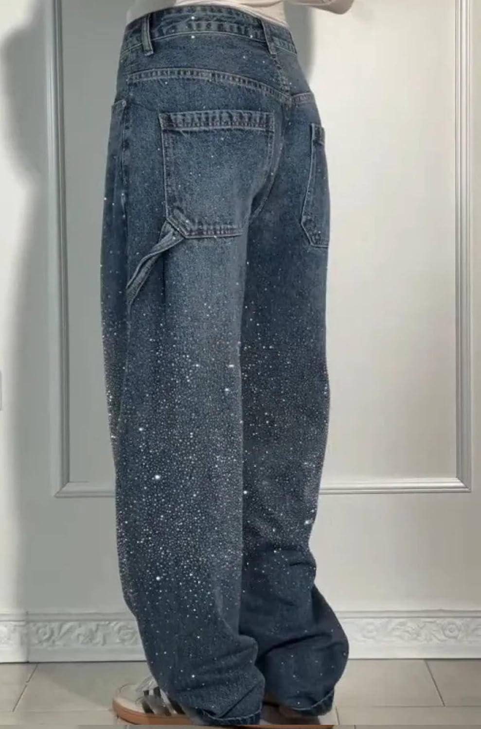Women Baggy Rhinestone Jeans High Waist Straight Wide Leg Sparkly Bling Glitter Diamond Denim Pants Y2k Shiny Trousers