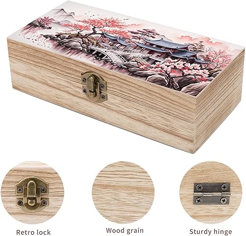 Miniatura 3 de Oriental Temple Garden - Caja de almacenamiento de madera con cerradura con bisagras, baúl decorativo hecho a mano, elegantes cajas de decoración