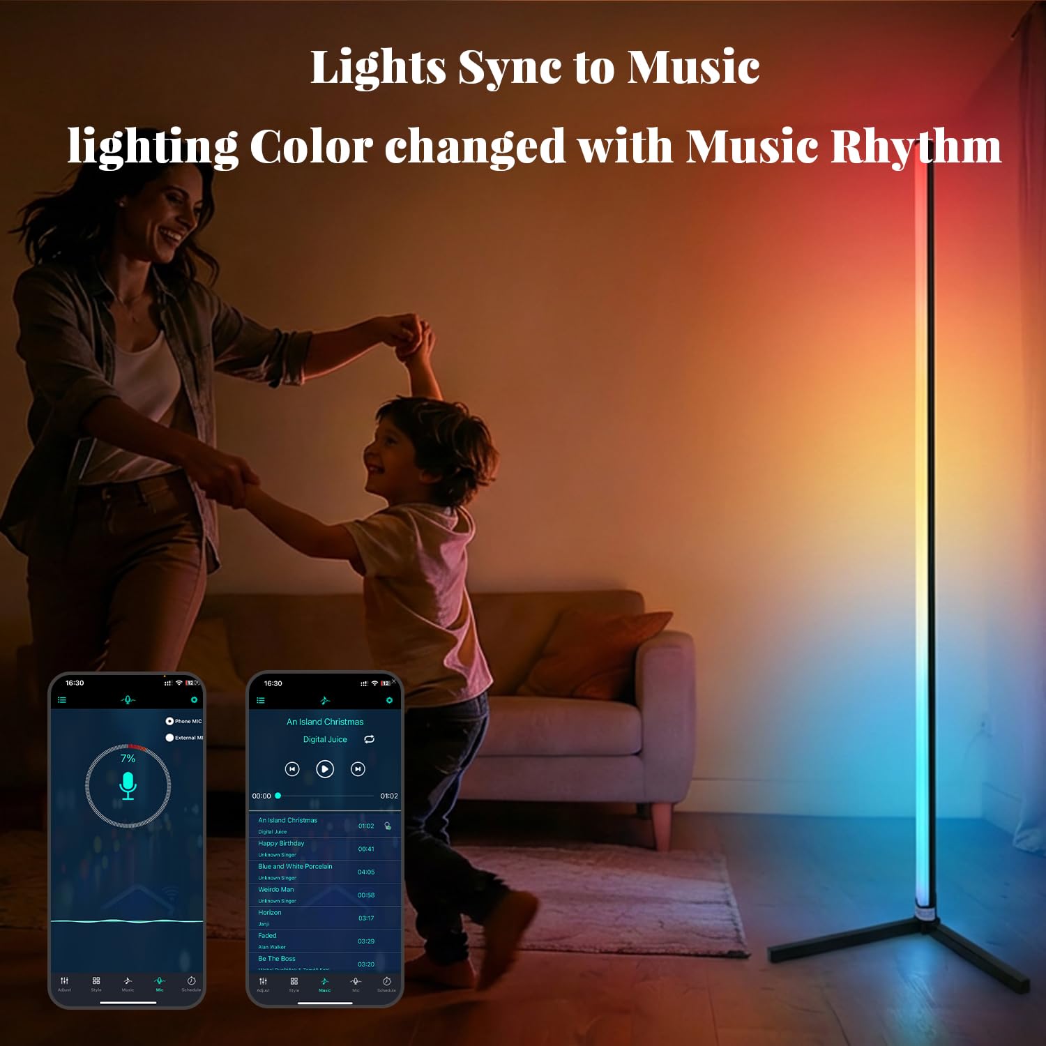 RGB Ecklampe Stehlampe, Stehlampe Wohnzimmer mit APP-Steuerung und Fernbedienung, 16 Millionen Farben und 68+ Szenen. Farbwechsel-Umgebungslicht mit Musiksynchronisation