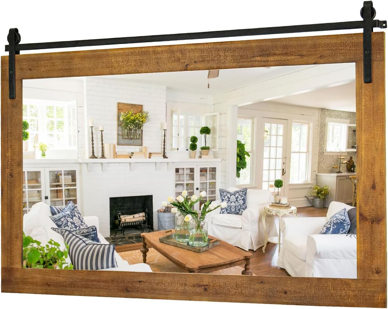 Farmhouse Bathroom Mirror, 41" x 30" Rustic Vanity Mirror, Barn Door Style Wood Framed Wall Mirrors, Rectangle Mirrors for Living Room, Entryway, Brown