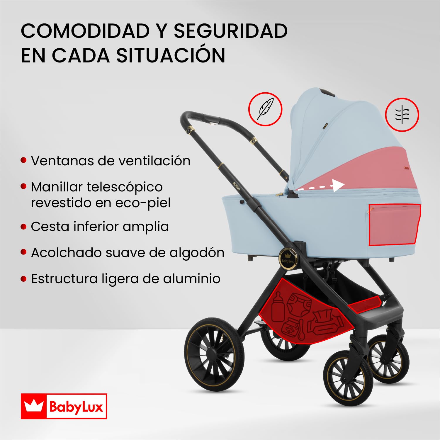 BabyLux® Carrito Bebe 2en1 ROSSO, Conjunto de Cochecito Ligero y Plegable Que Incluye Capazo, Silla de Paseo, Bolso Cambiador y Más Accesorios, 4 Posiciones de Reclinado, 0-22kg, Protección UV 50+