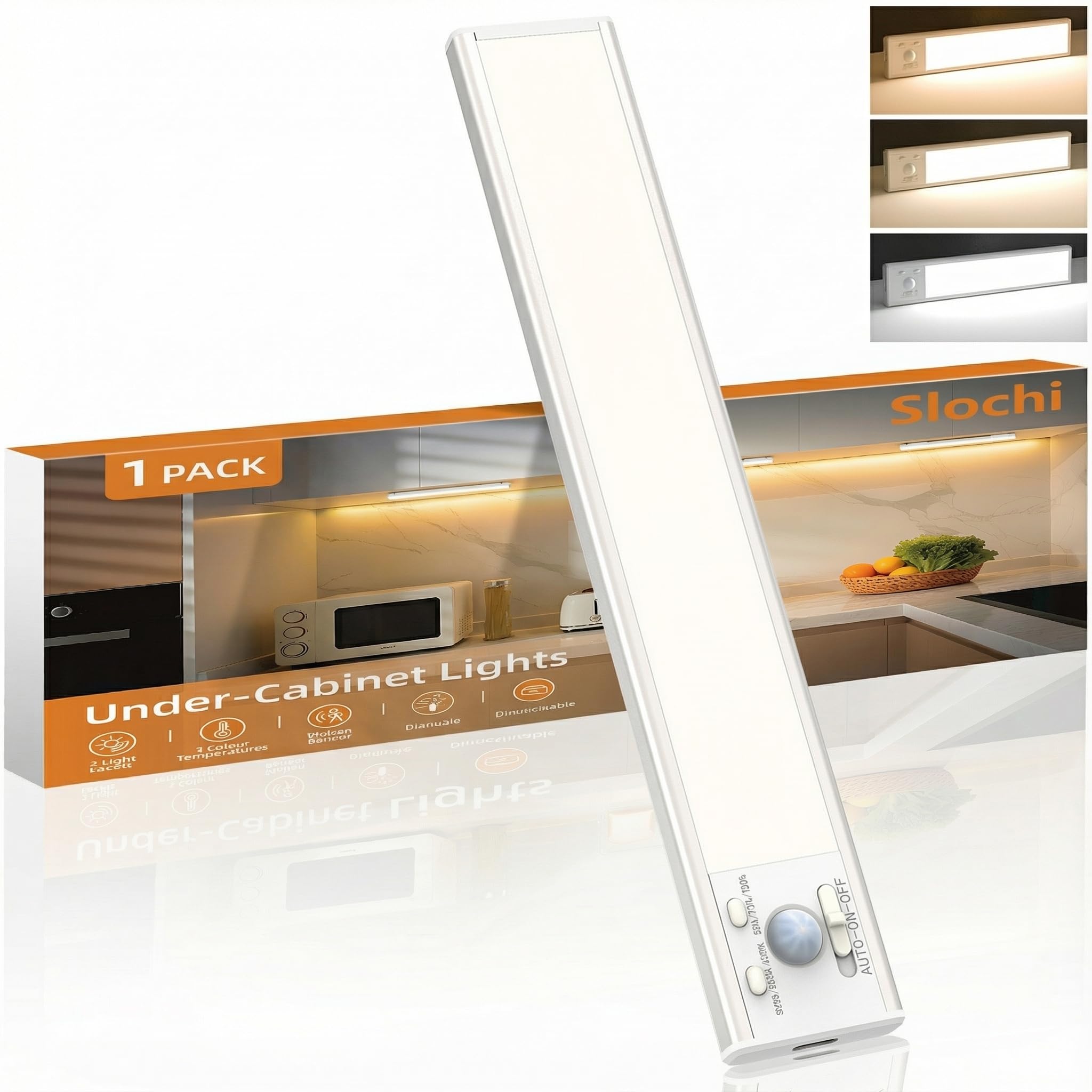 slochi Rechargeable Under Cabinet Kitchen Lights,3-Color&Dimmable,3 Modes,Motion Sensor, Magnetic&Stick Easy Installation LED Cupboard Lights for Counter Wardrobe Shelf Closet-1 Pack(20cm)