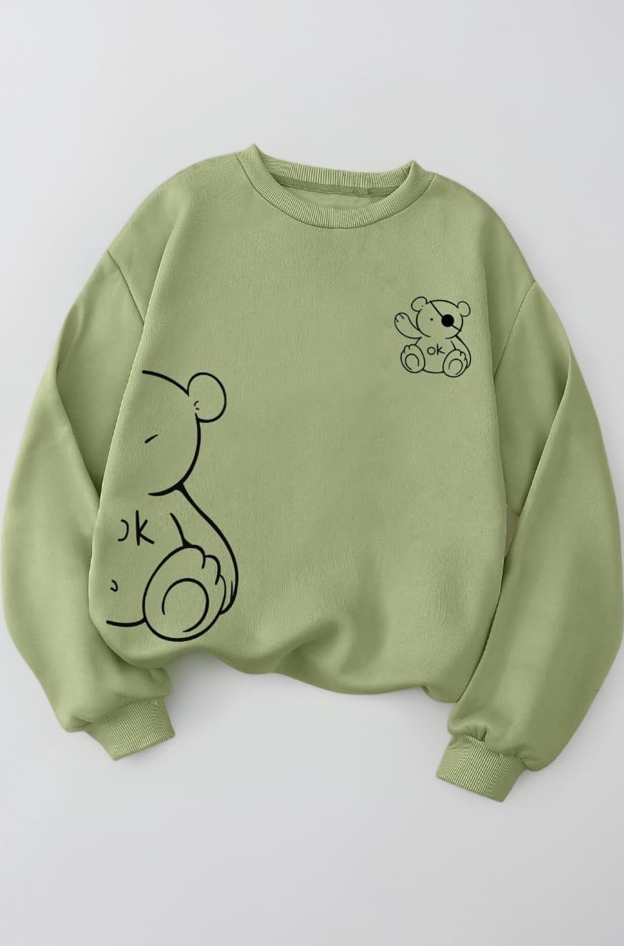 Women's Bear Graphic Round Neck Sweatshirt|Trendy Oversized Pullover Sweatshirts|Soft Fleece Pullover Winterwear