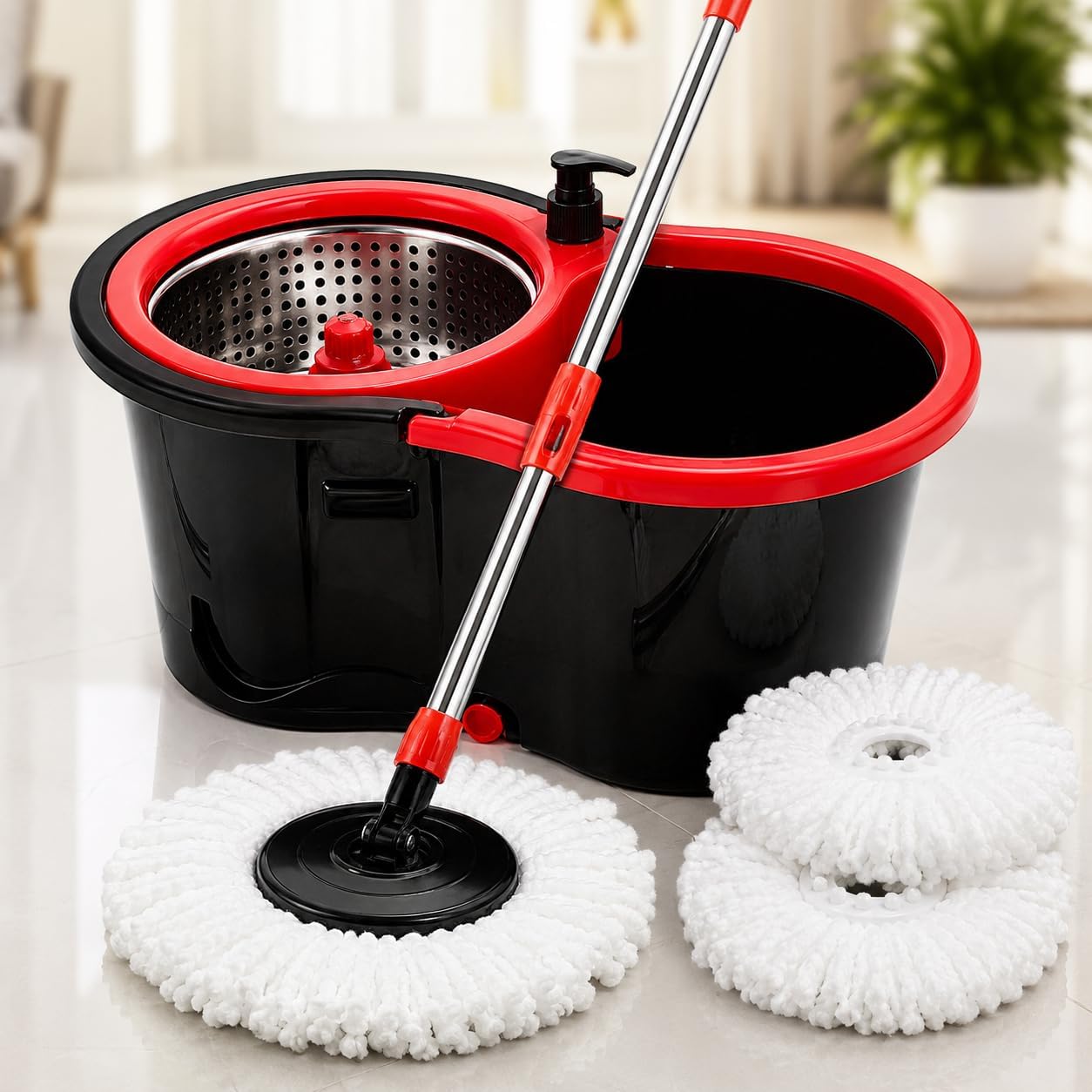 Mop Giratório com Balde Duplo 7L, Centrífuga em Aço Inox, Esfregão Lava e Seca, 2 Refis de Microfibra Premium para Limpeza de Pisos