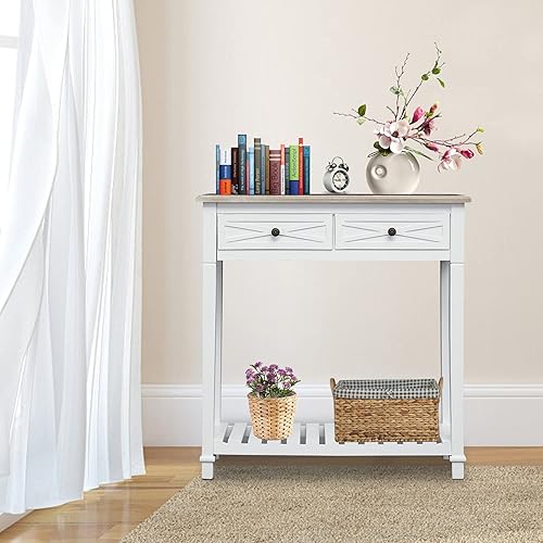 Miniatura 2 de Mesa consola con 2 cajones y estante de almacenamiento, mesa pequeña y estrecha para sofá, entrada, sala de estar, pasillo, campo francés, color