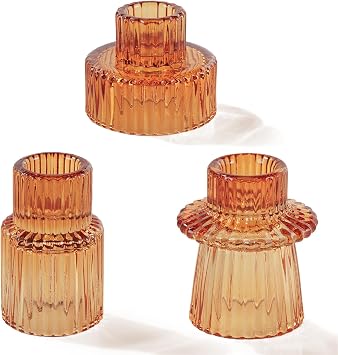 Homemory Colorful Glass Candle Holders, 3 Pcs Amber Tealight Candle Holder, Taper Glass Candlestick Holder, Votive Candle Holders for Tables Wedding Centerpieces, Shabbat, Home Decor, Christmas
