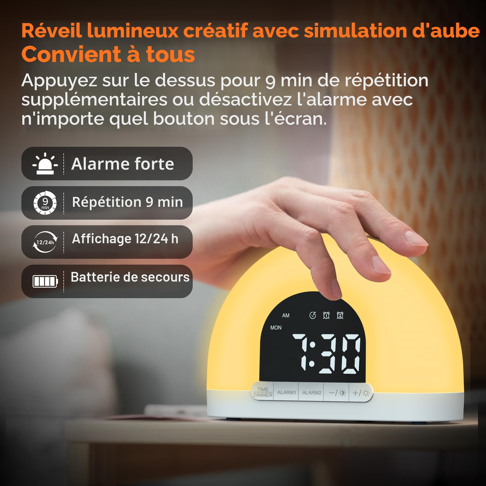 Réveil lumineux avec Simulation du Lever du Soleil, Lampe de Réveil avec Double Alarme, Veilleuse, Répétition, 7 Sons d'Alarme, Modes 7-5-2 pour Enfants, Adultes, Gros Dormeurs, Chambre à Coucher