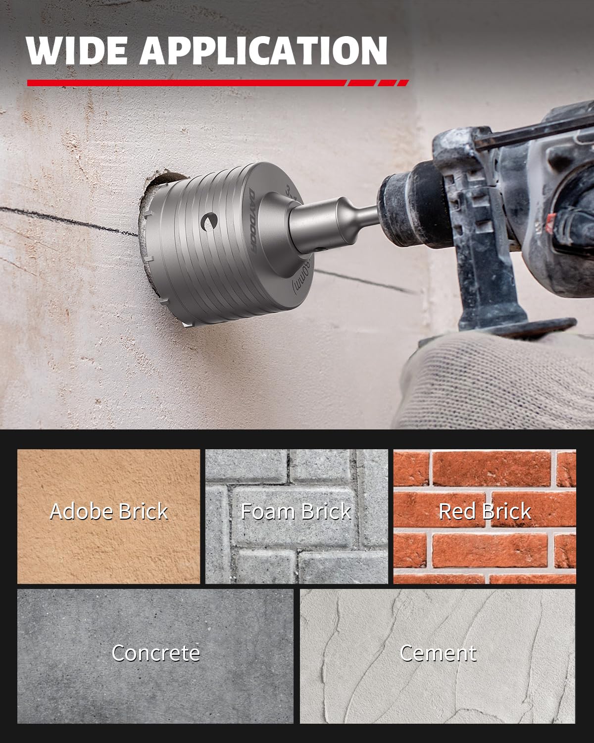 DAYDOOR Concrete Hole Saw Kit, 6-Piece Masonry Hole Saw Kit SDS Plus Shank Adapter, 1-9/16", 2-9/16", 3-1/8", 4", 5" Concrete Core Drill Bits Set for Brick, Cement Wall, and Stone