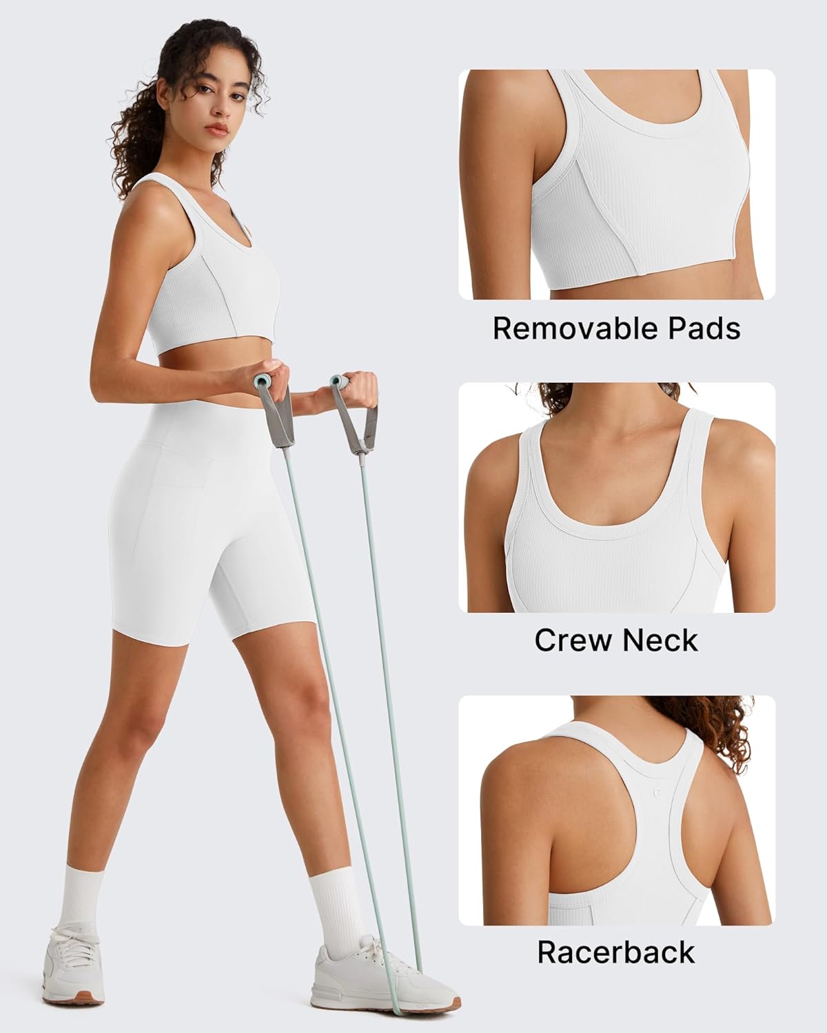 G4Free Ribbed Crewneck Sports Bras Padded for Women - Racerback Crop Tank Tops Workout Yoga Medium Impact