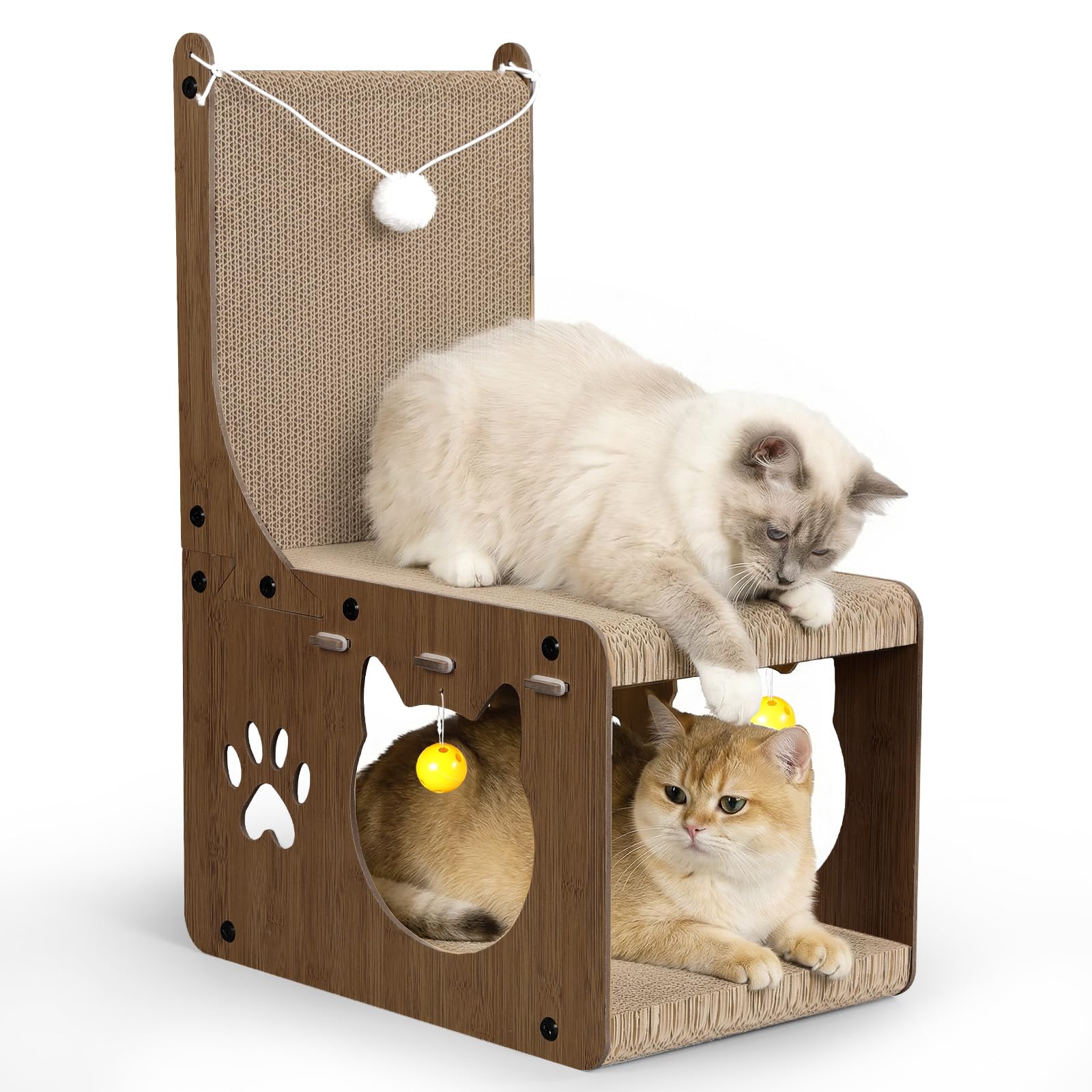 Gimars Tiragraffi per Gatti a Forma di Sedia, Gratta-Gatto in Cartone, Tappetino e Tavola Interattiva con Palline e Tunnel, Protezione Mobili per Gatti da Interno, 42.5 × 29.5 × 63 cm