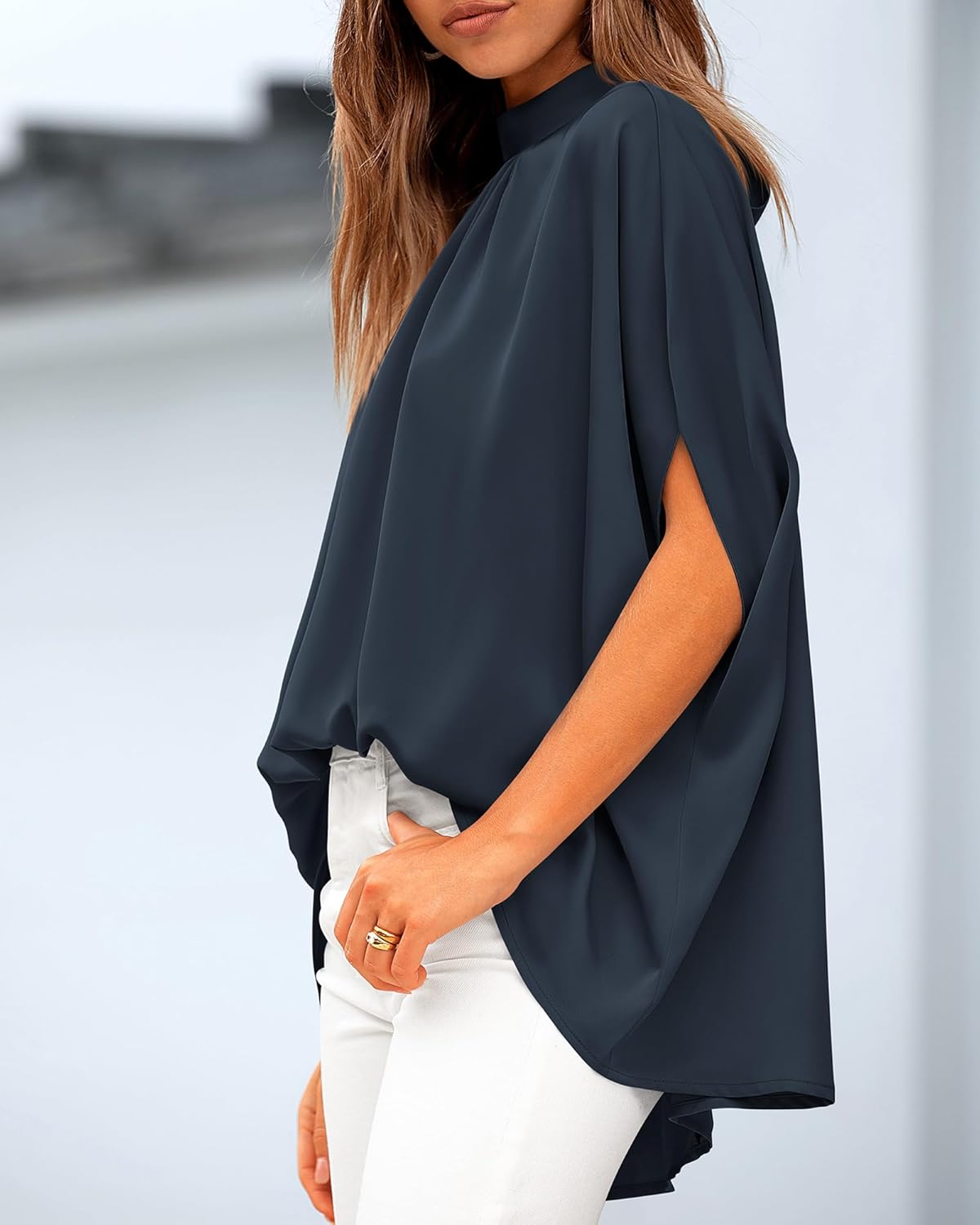 BTFBM Womens Summer Tops 2026 Mock Neck Batwing Sleeve Silk Satin Shirts Loose Oversized Dressy Casual Spring Blouses - Image 7