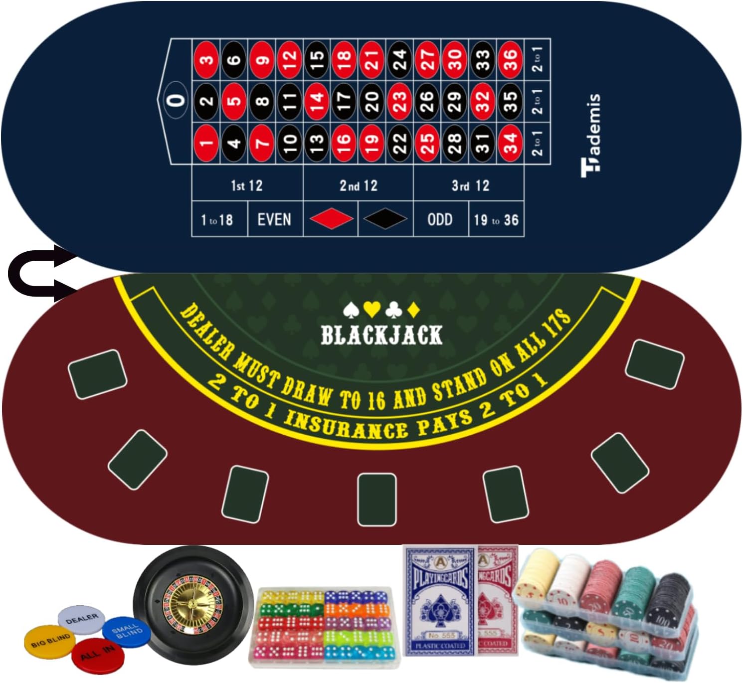 4 in 1 Casino Game Set: 10" Roulette Wheel, 300 Weighted Poker Chips, 50 Dice, Poker Buttons & 2 Decks of Cards Double Sided Blackjack & Roulette Mat Portable Kit for Home Game Night