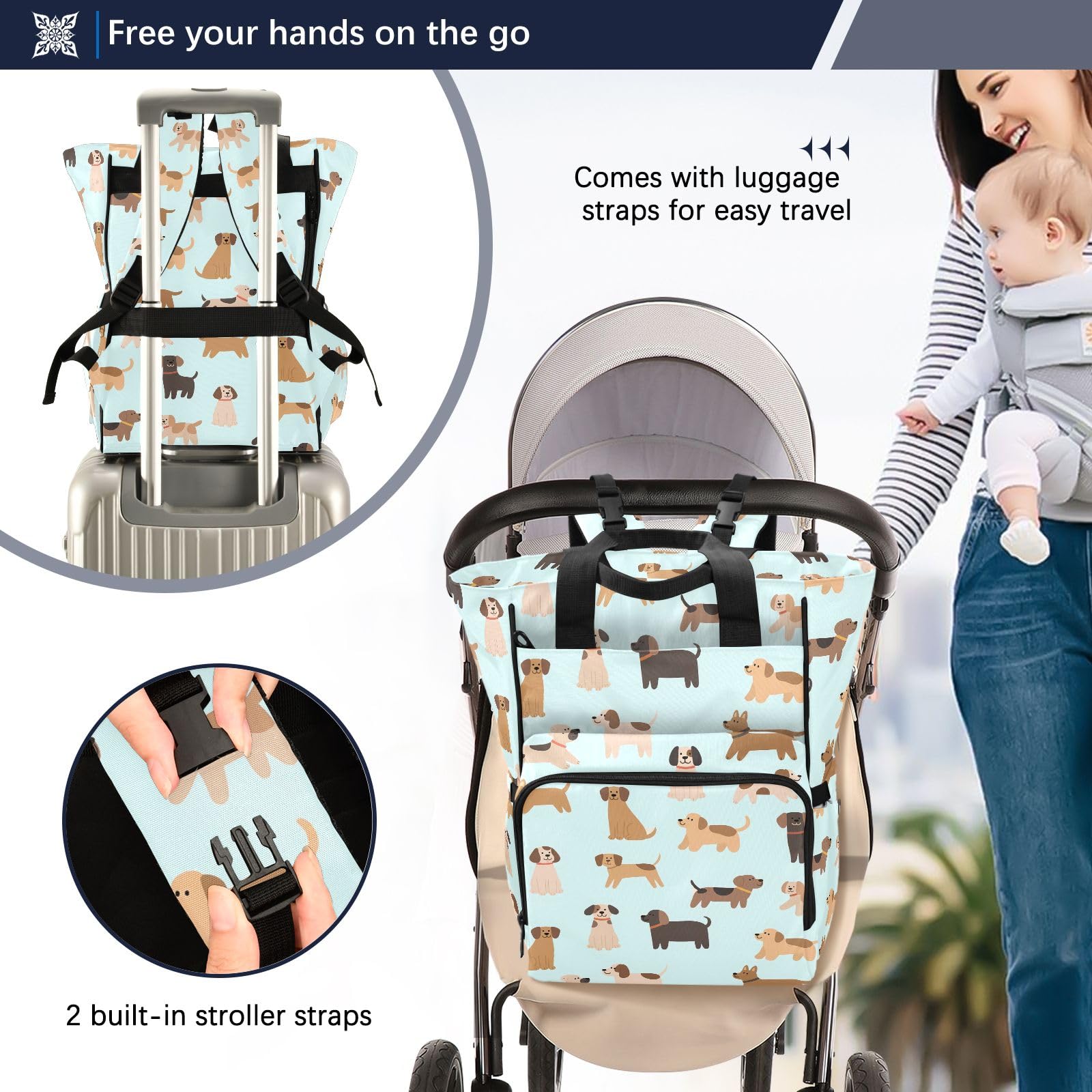 Mnsruu Zaino con cani in diverse pose modello borsa per pannolini per bambini borsa grande borsa impermeabile da viaggio borse per pannolini per mamme e papà