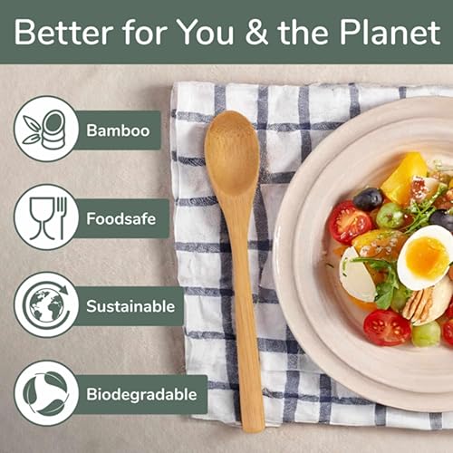 Miniatura 10 de BambooMN Cuchara de sopa de bambú sólido reutilizable de 8 pulgadas, cubiertos de comedor, utensilios de cocina, 10 piezas