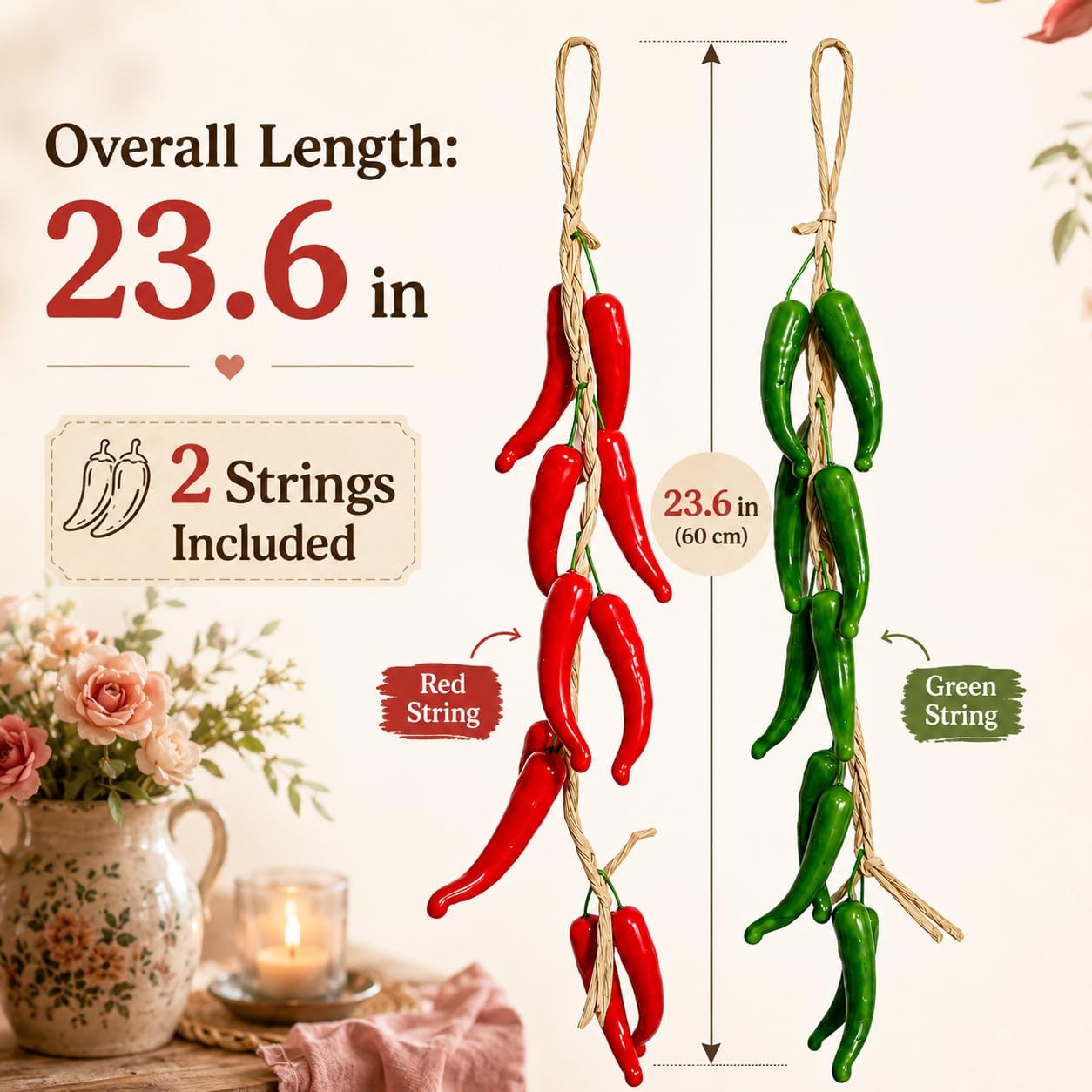2 Strings Artificial Chili Pepper Hanging Decor, Artificial Pepper String Chili Pepper Decorations Lifelike Fake Vegetable for Home Kitchen Decor Photography Props