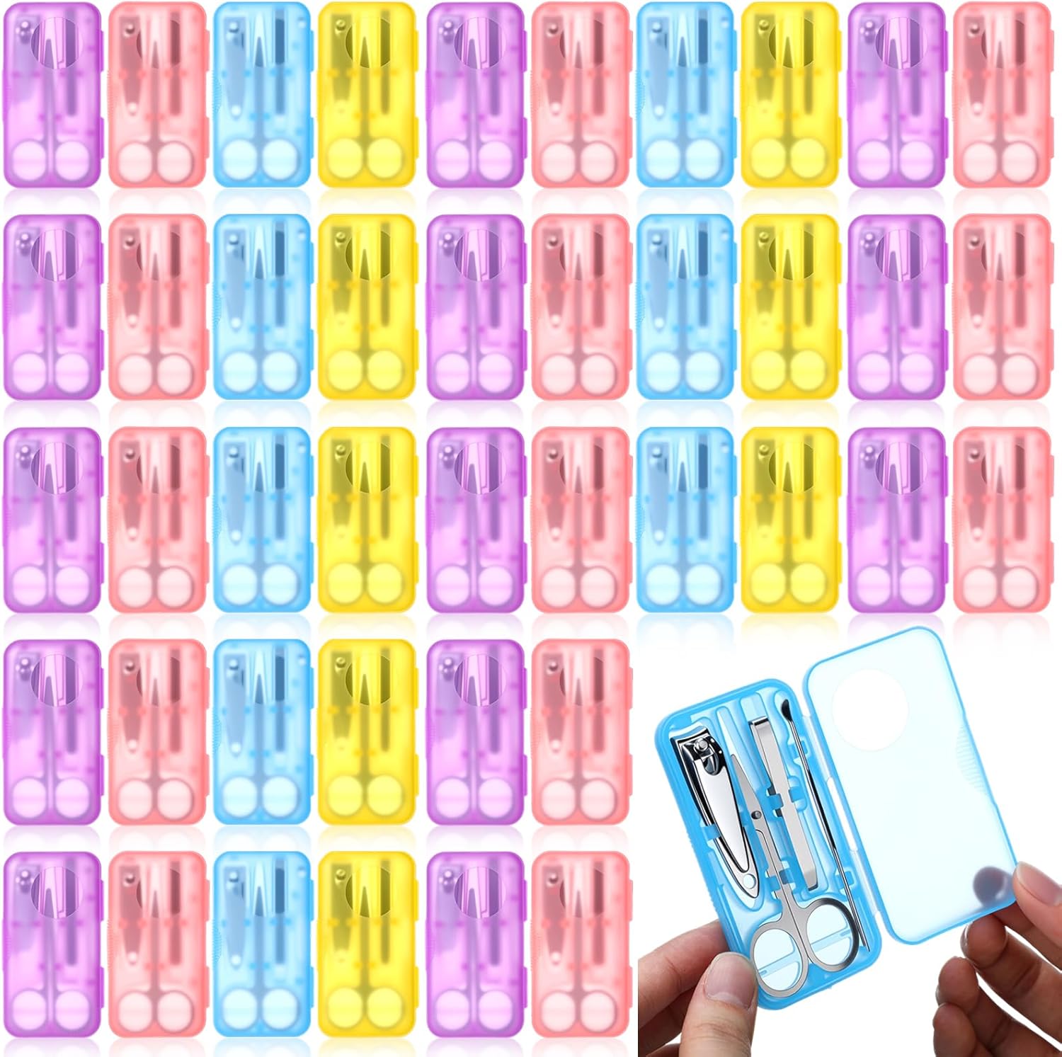 50 Sets Nail Clipper Set 4 in 1 Manicure Kit Bulk Adult Metal Travel Fingernail Manicure Set with Case Individually Wrapped Personal Pedicure Kit Gift for Men Women Hotel(4 Colors)
