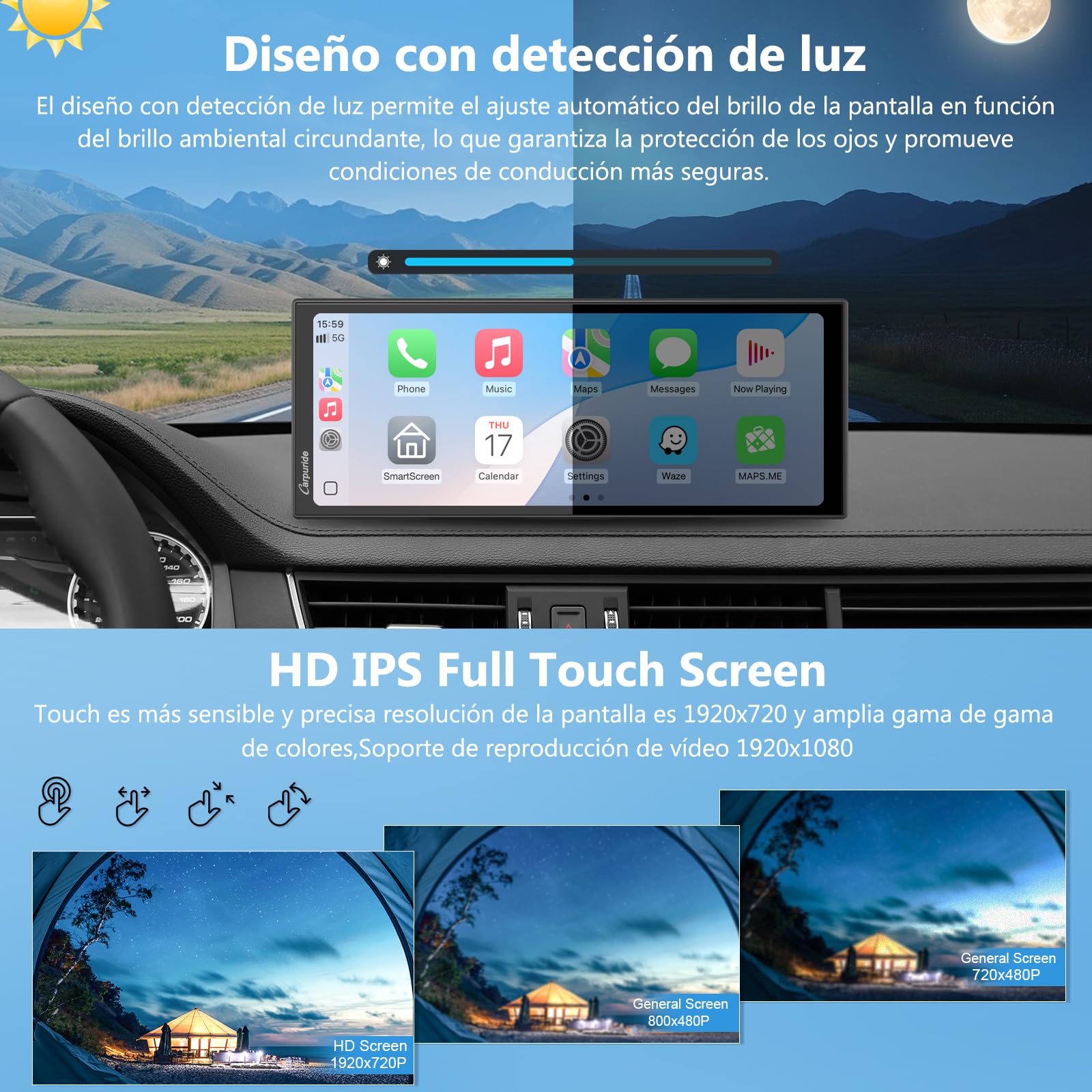 Carpuride W125S Carplay Pantalla con 3 Canales Tablero Cámara, 4K Frontal &1080P Trasera Cámara, Inalámbrico Carplay y Android Auto, 11,26" HD Táctil Pantalla, Grabación en Bucle, Bluetooth.