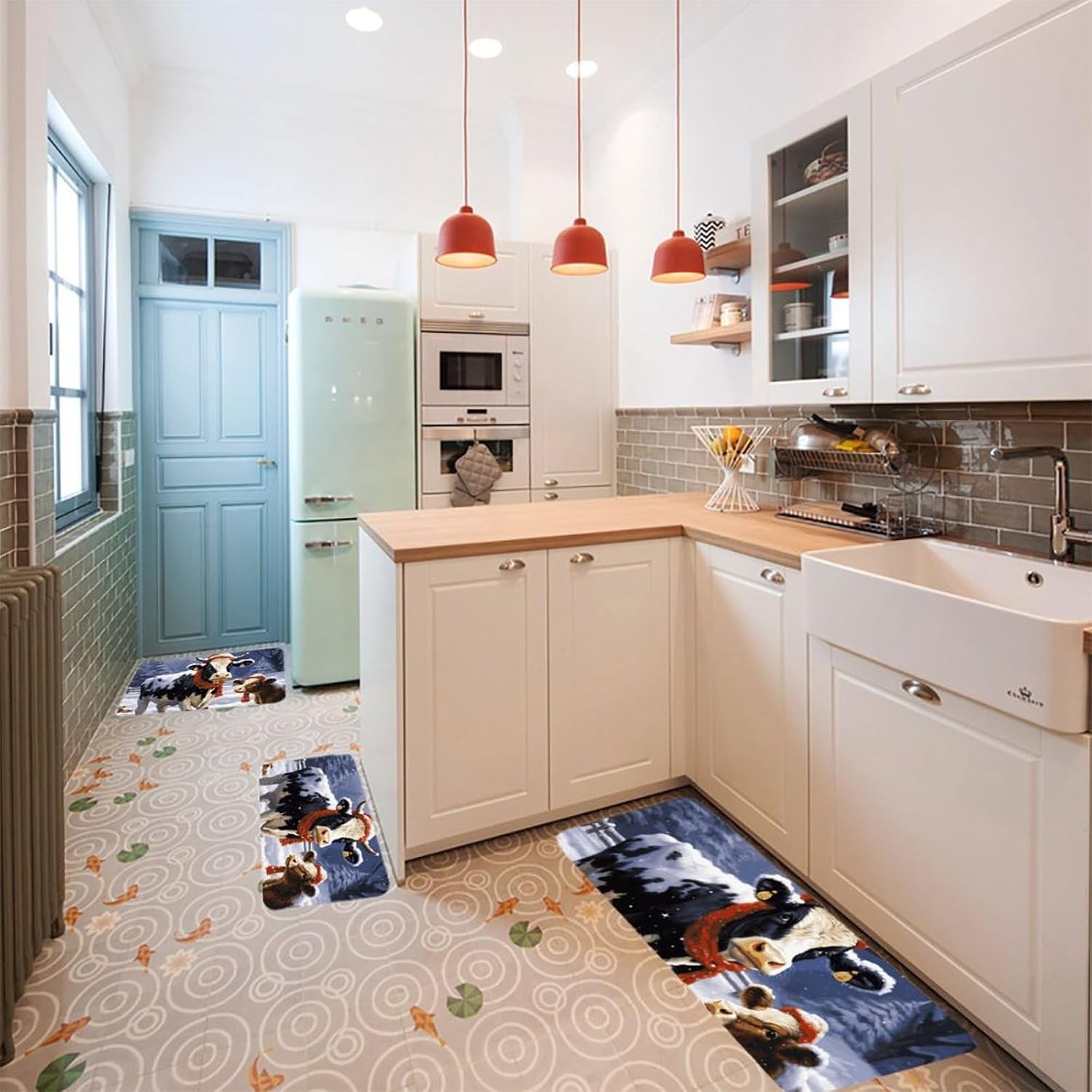 Christmas Snow Cow Kitchen Mats for Floor 3 Pcs Kitchen Rugs