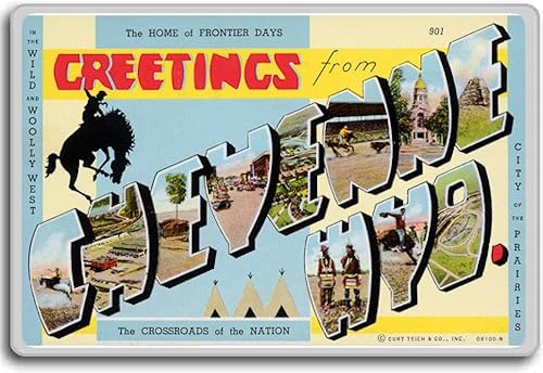 Greetings from Cheyenne, Wyoming - Imán vintage de los años 40 para nevera