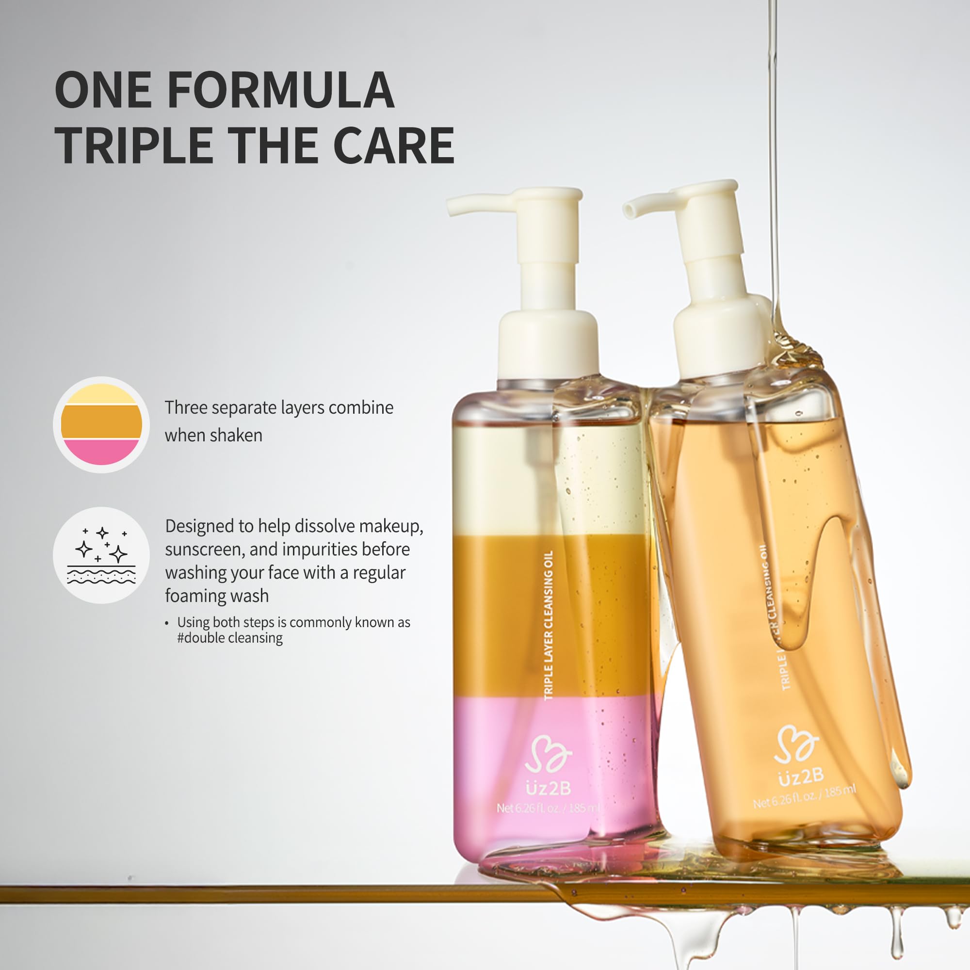 Uz2B Triple-Layer Cleansing Oil with Centella and Jojoba Oil, 185 ml