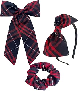 ClassExceed Plaid Bow Hair Set for Girls with Bow Headband and Scrunchie, School Girl Accessories – Classic Navy Red Plaid 37 & 36
