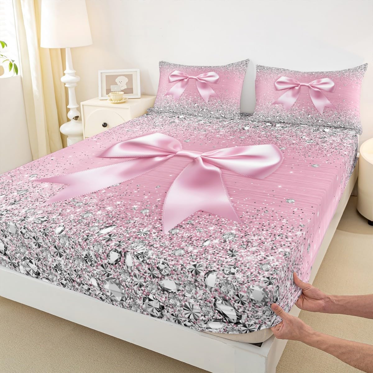 Cute Ribbon Bowknot Fitted Sheet,Grey Glitter Diamond Bowknot Bed Sheets,Princess Bow Sheets Full Size,Watercolor Bow Kawaii Geometric Bow-Tie Bed Set Light Pink Room Decor Aesthetic