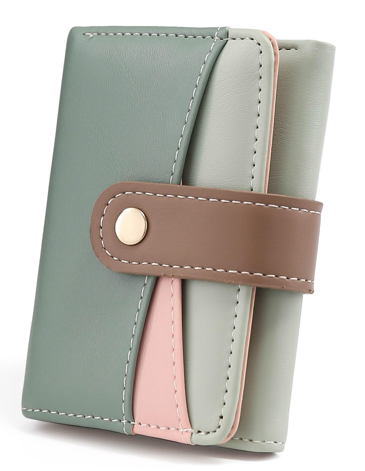 Women's Wallet Color-Blocking Design Vegan Leather Trifold Small Card Holder Compact Ladies Purse with Multiple Card Slots RFID Blocking | Snap Closure | Mini Purse for Women (Green)-image-18