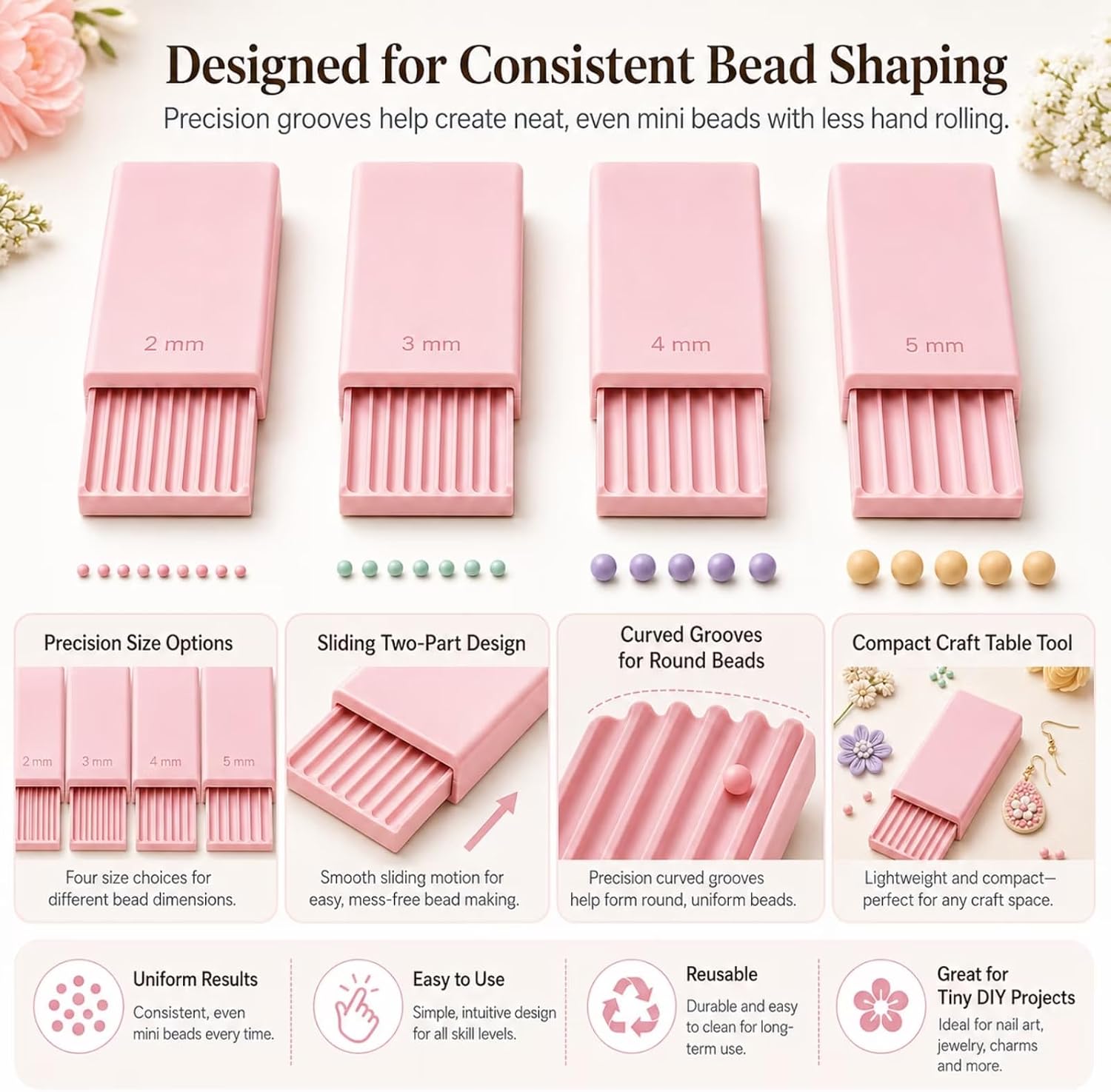 3D Printed Bead Roller Tool Set, 2mm 3mm 4mm 5mm Sphere Shaper for Polymer Clay & Nail Art Gel Flowers, Round Bead Maker for Earrings Jewelry Making (1 Pink)