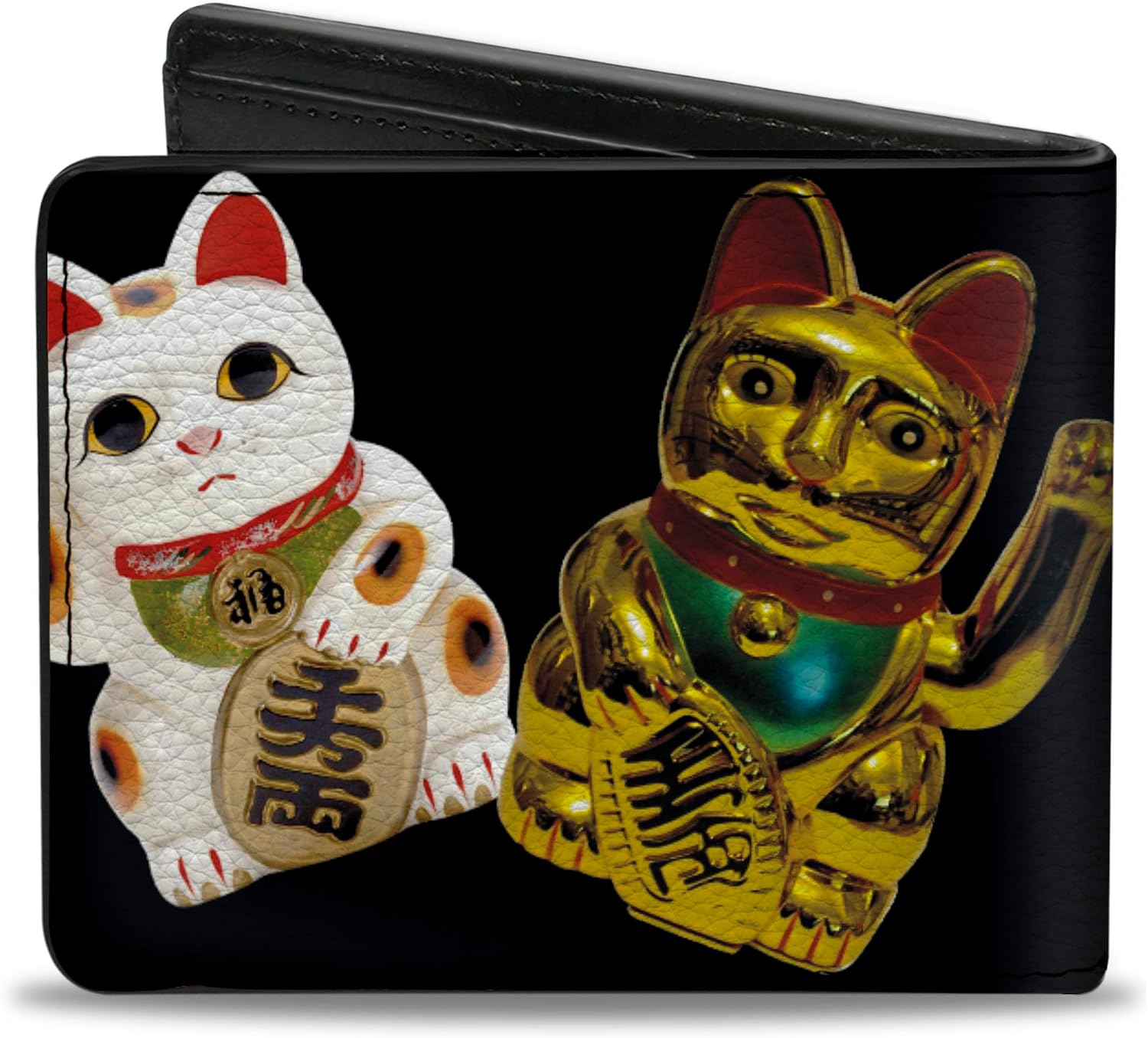 Buckle-Down PU Bifold Wallet - Maneki Neko Lucky Cats Gold/Black/White, "4.0"" x 3.5"""
