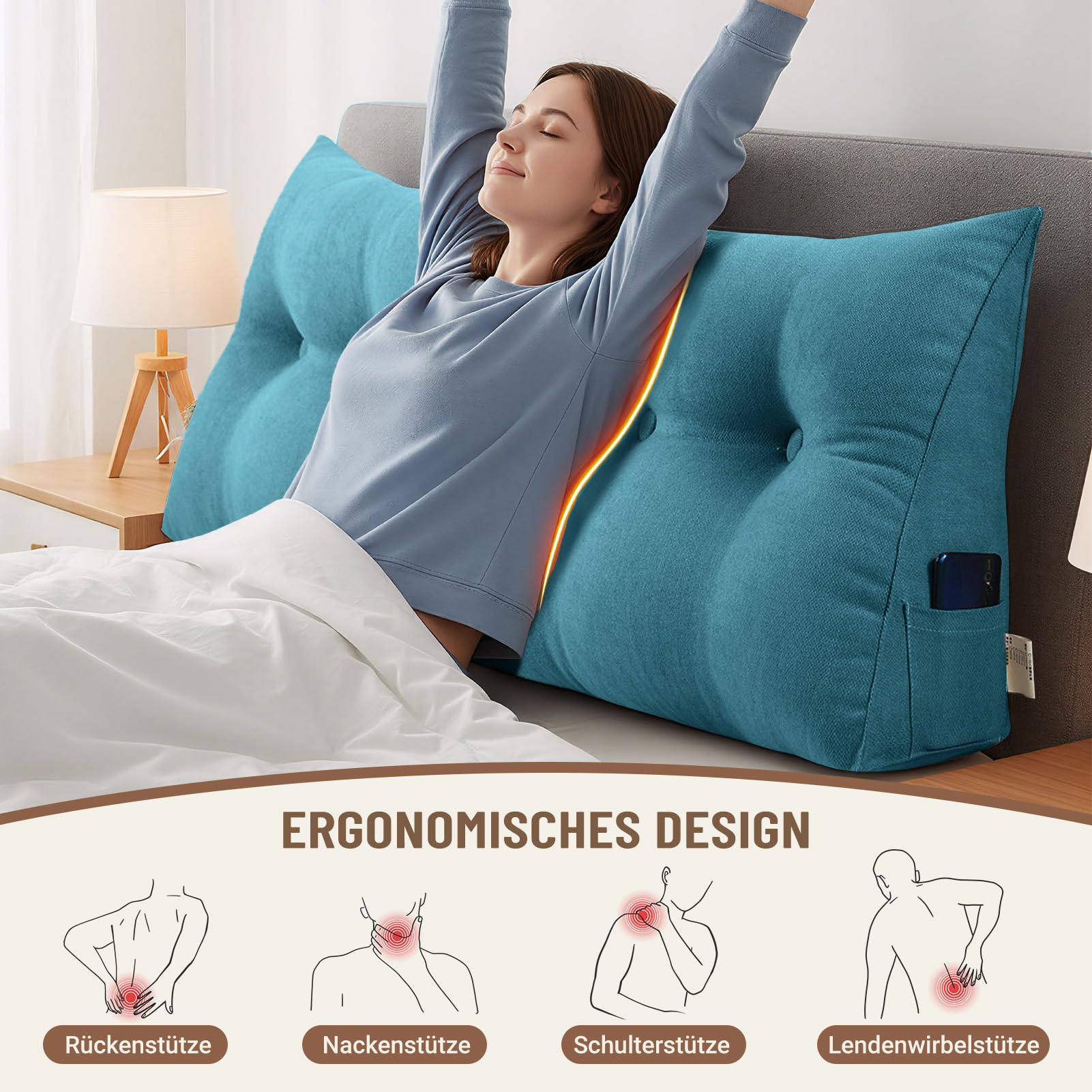 Kissen Bett Rückenkissen Lesekissen für Bett Rückenlehne Kissen Rückenpolster Abnehmbar Bequemes Lendenkissen Sofa Rückenkissen Keilkissen mit Tasche(Lake Blue,100 * 50 * 20cm)