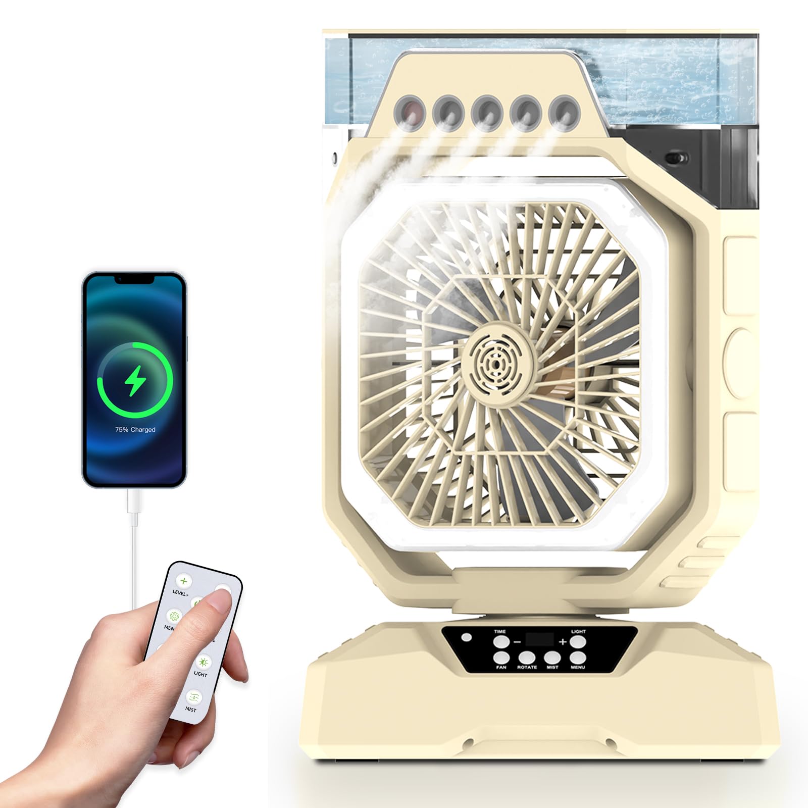 Weljoy Rechargeable Mist Fan with 5 Spray Nozzles, 27000mAh Power Bank Battery, LED Light, Aroma Diffuser, Remote & Oscillation – Stay Cool Anywhere Indoors or Outdoors (Biege)