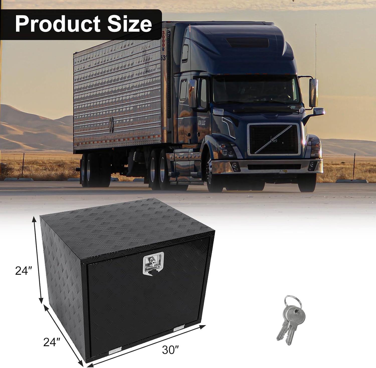 confote 30"x 24"x 24" Heavy Duty Aluminum Stripes Plated Tool Box Underbody Truck Box Pick Up Truck Bed RV Trailer Toolbox Waterproof Square Storage Organizer with Lock and Keys-Black