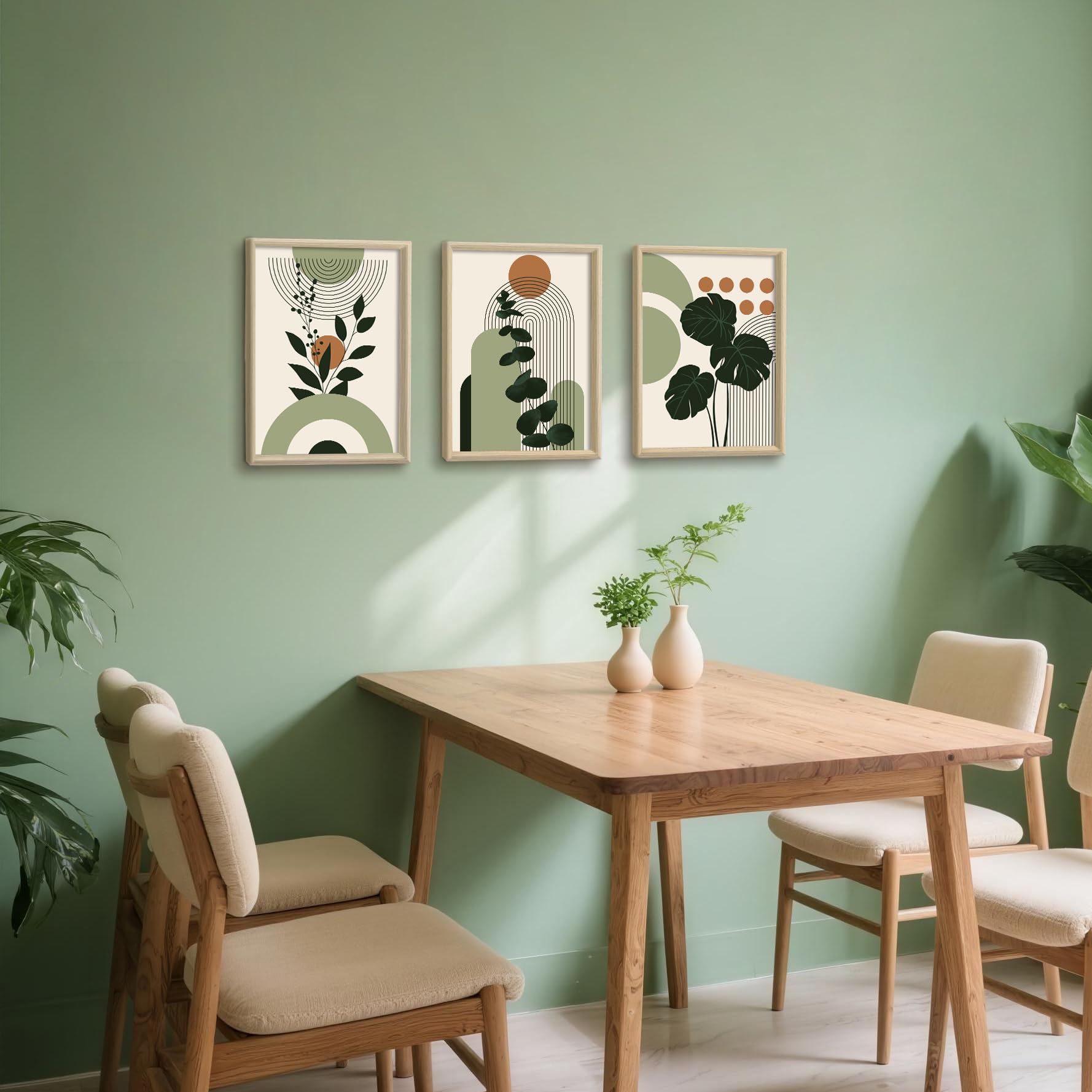 WENGTIAO 3 Pièces Boho Sage Vert Plantes Tableau Decoration Murale Encadré Toile Peinture Esthétique Ligne Géométrique Decoration Murale Salon Maison Deco Chambre Prêt à Accrocher 40x60cmx3