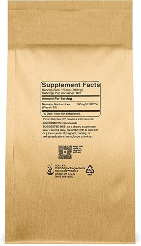 Vista 2 de Pure Original Ingredients Niacinamida (1 lb) Vitamina B3, Sin Enrojecimiento, Sin Gluten