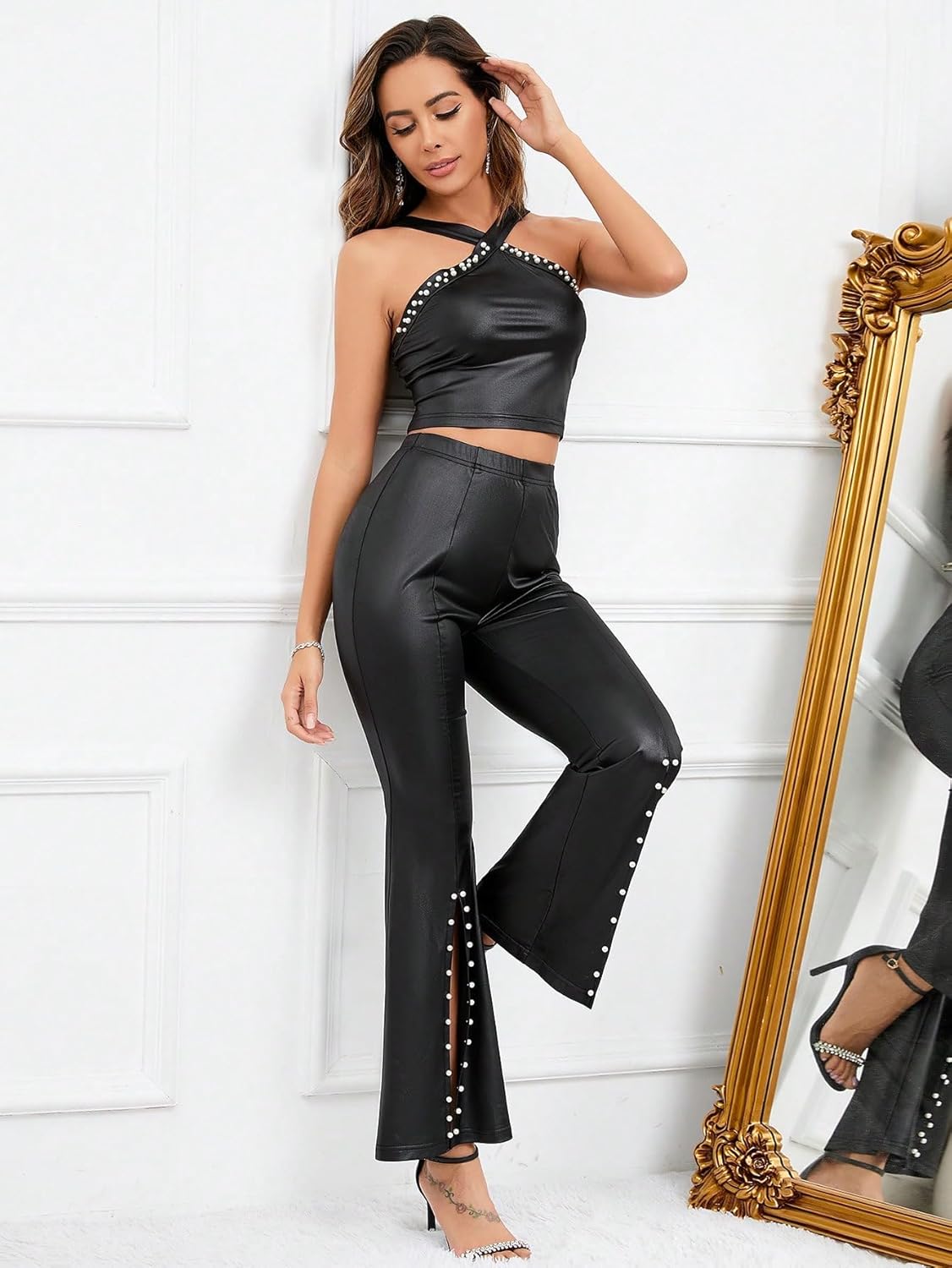 WDIRARA Women's 2 Piece Outfit Pearls Detail Halter Crop Top and Split Hem Flare Leg Pants - Image 4