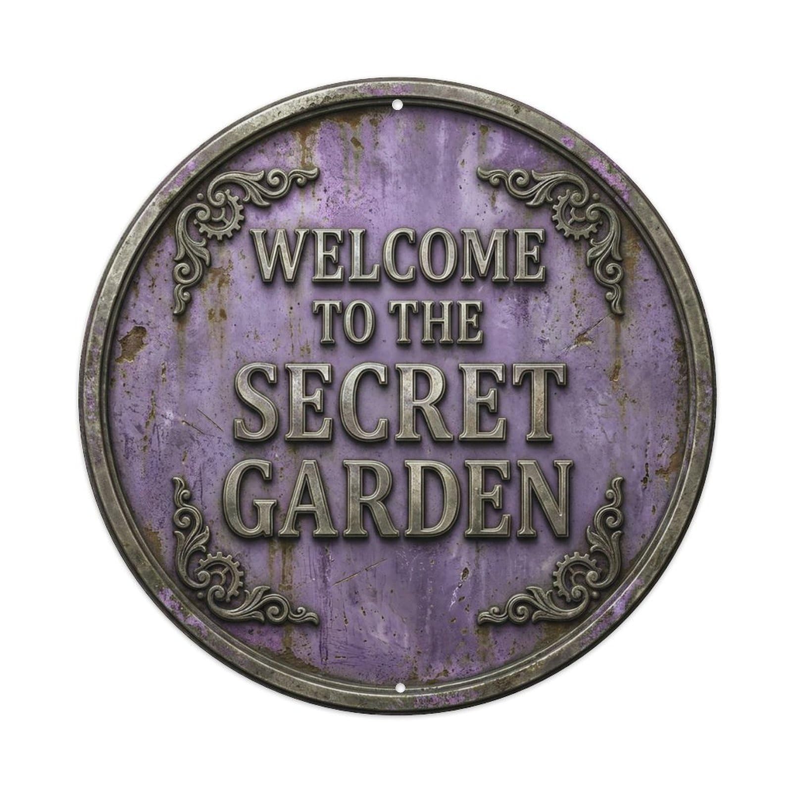 Vintage Welcome Secret Garden Silver Lavender Antique Metal Tin Sign