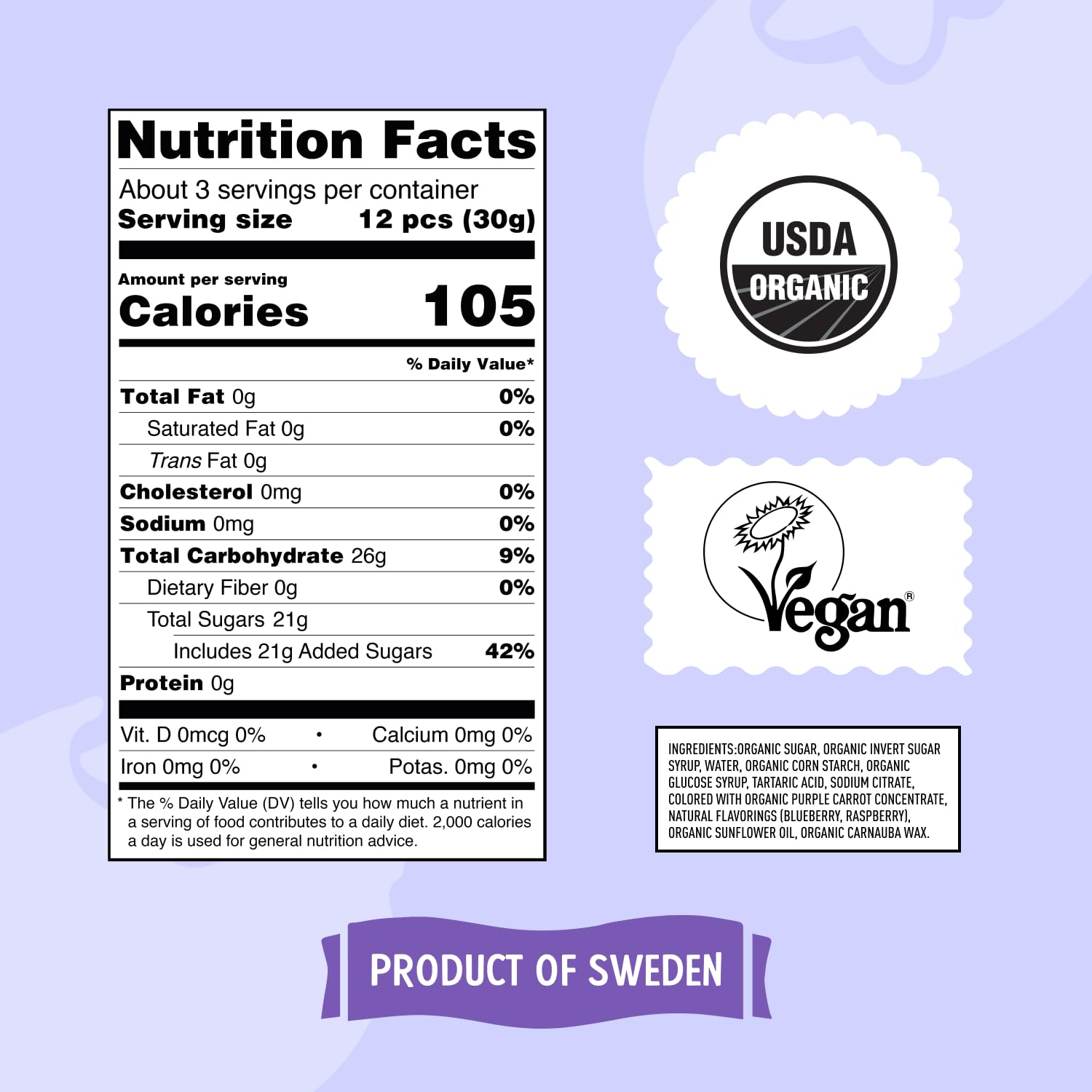 ​JOM - Organic Swedish Candy – Sour Blueberry & Raspberry - Pure Natural Flavors - Plant-Based Gummies - Vegan, Gluten Free, Allergy Friendly Treat​s​ – Better-For-You​ Candy - 3.5 oz per bag (2 ​count) image 2