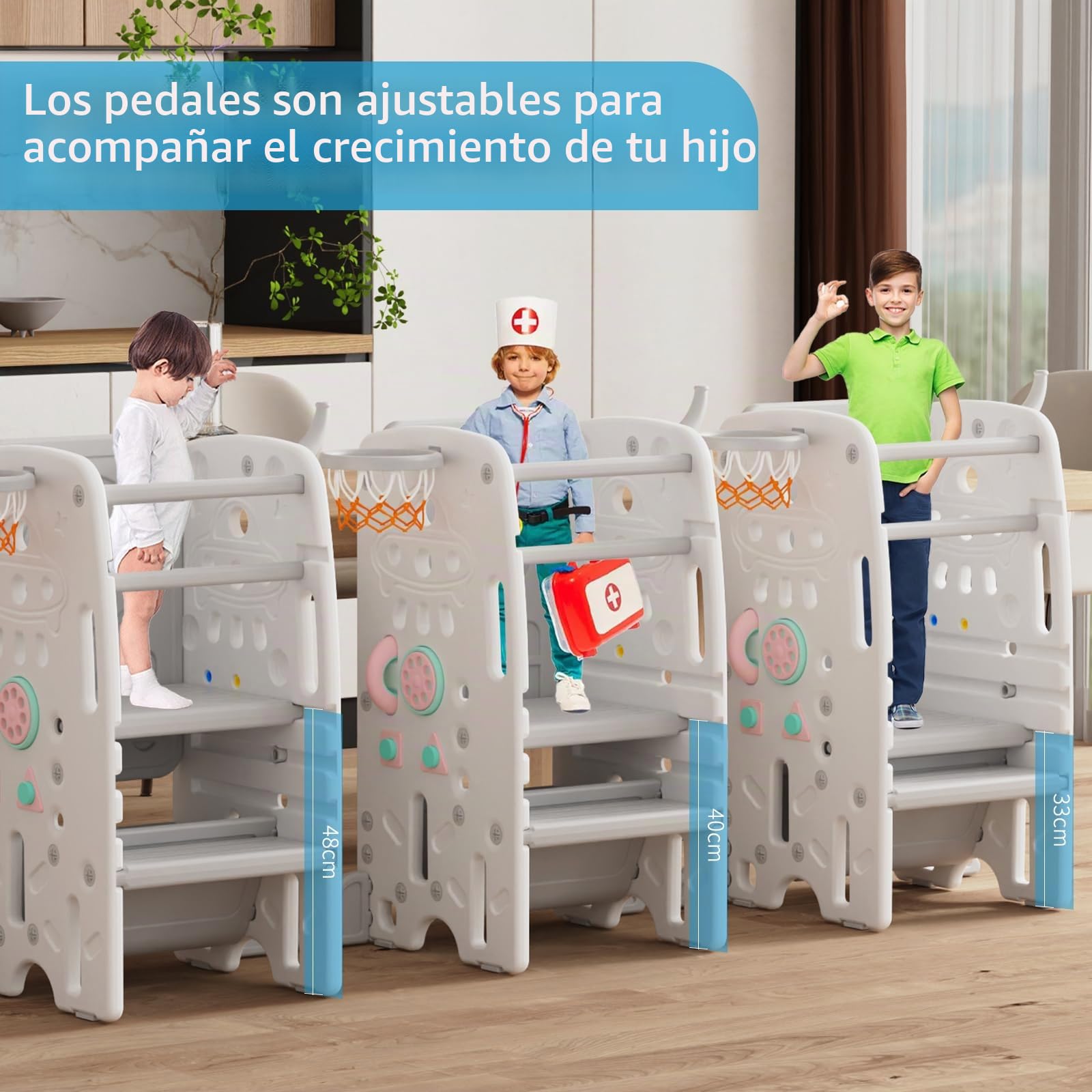 Gupamiga Torre de Aprendizaje Montessori para Infantil, Antivuelco, Regulable en Altura, Peldaños Antideslizantes, con Funciones de Entretenimiento como Pintar, Baloncesto o Lanzamiento de Aros SST-02