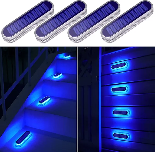 YiLaie Blue Solar Dock Deck Lights Solar Powered Outdoor Waterproof, Stick on Lights for Step Stairs Driveway (4 Pack)