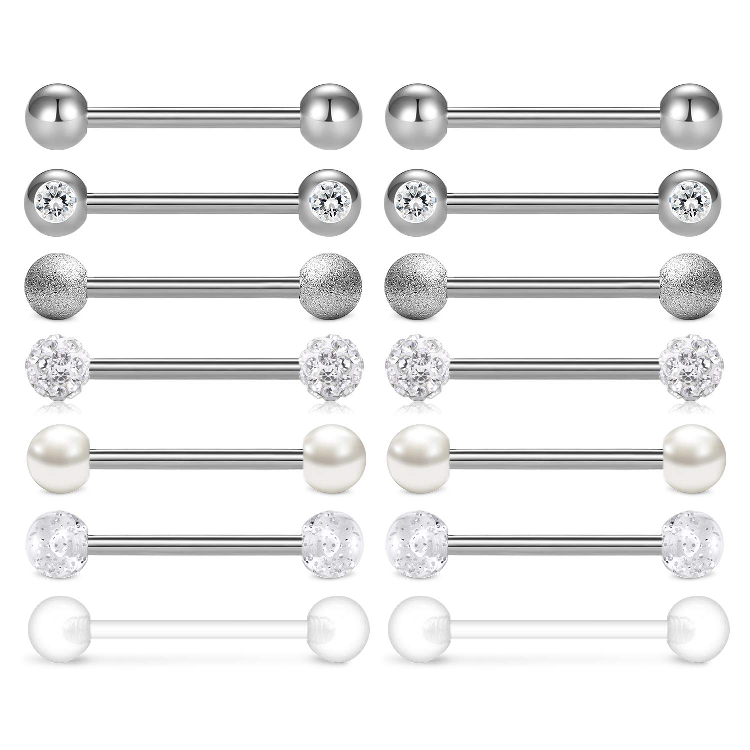 AceFun Piercing Pezón Piercing Lengua 14G Acero quirúrgico Flexible Plata Oro Rosa Bola Perla Aros Herradura Barbells Piercing Joyería