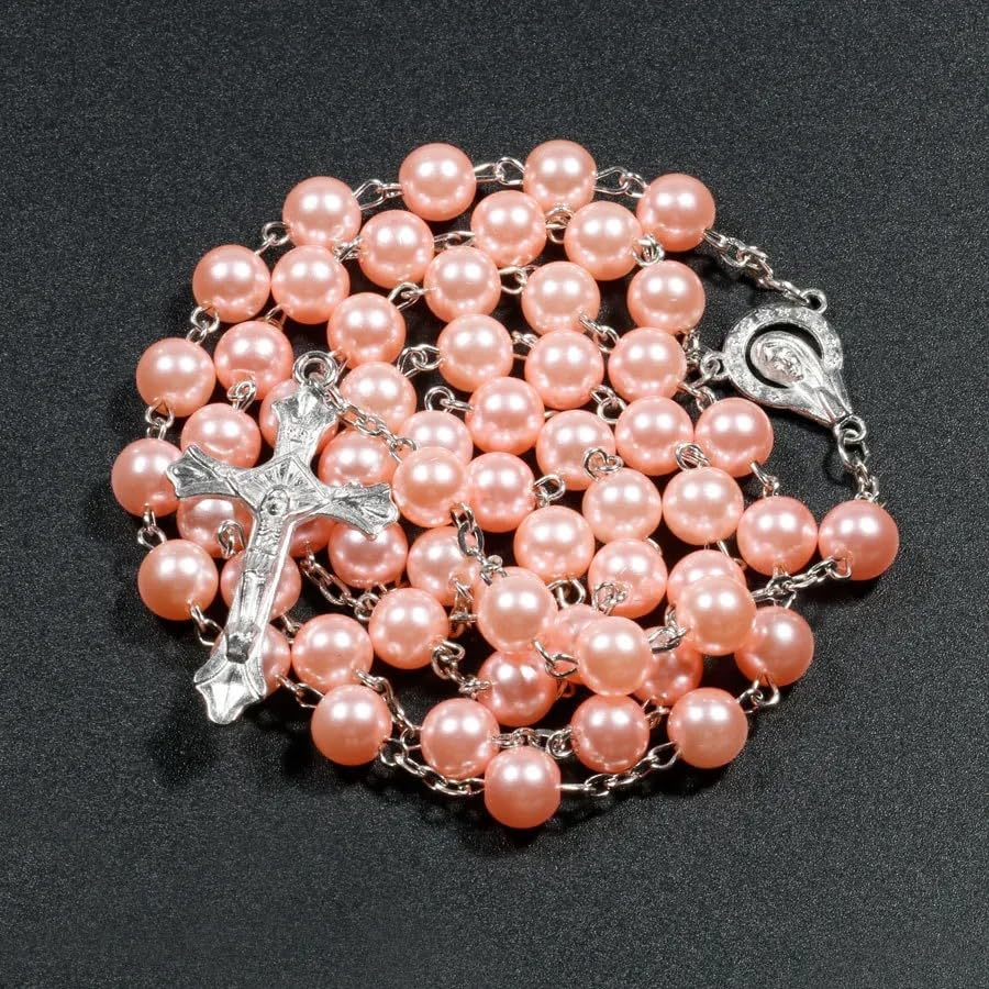 Collier Croix Perles Chrétien Bijou Religieux Vierge Marie pour Tenue de Messe et Quotidien - 5