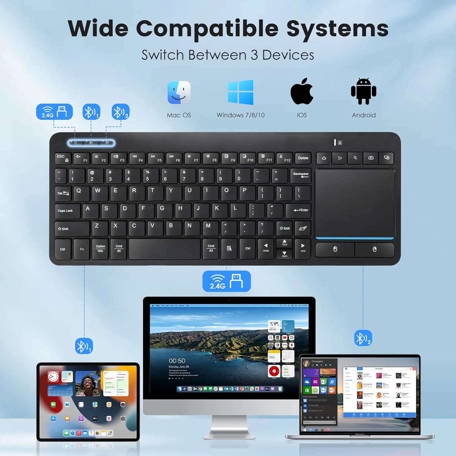 Multi-Device Wireless Bluetooth Keyboard with Touchpad-Wireless Keyboard with Multi-Touch Big Size Trackpad,Support 3 Devices for PC,Windows, Android, Chrome OS, Laptop, Tablet - Image 3