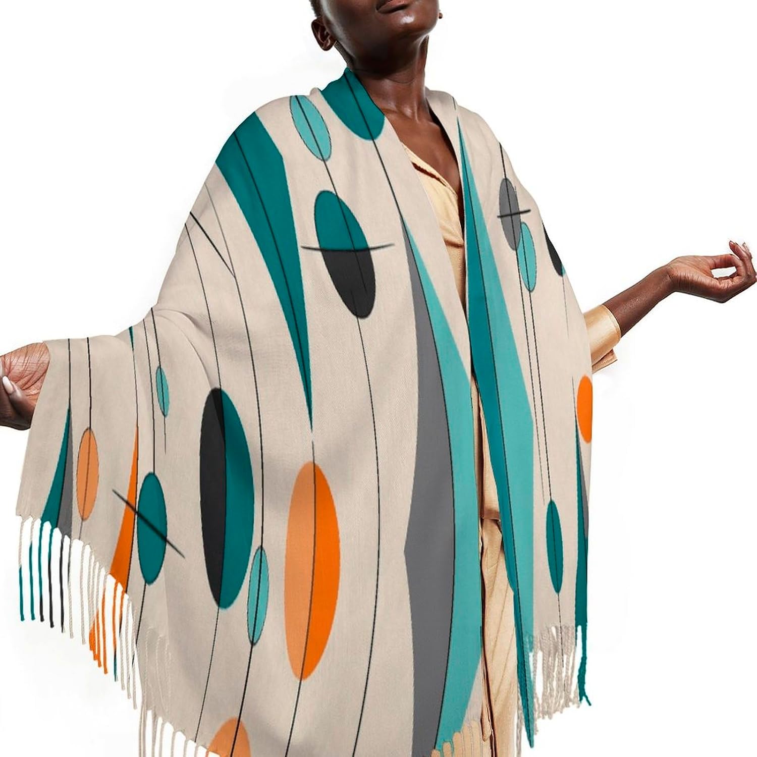 Mid Century Geometric Winter Scarf for Women Soft Tassel Scarves Oversized Wraps Long Shawl Cold Weather Thick Blanket Scarfs