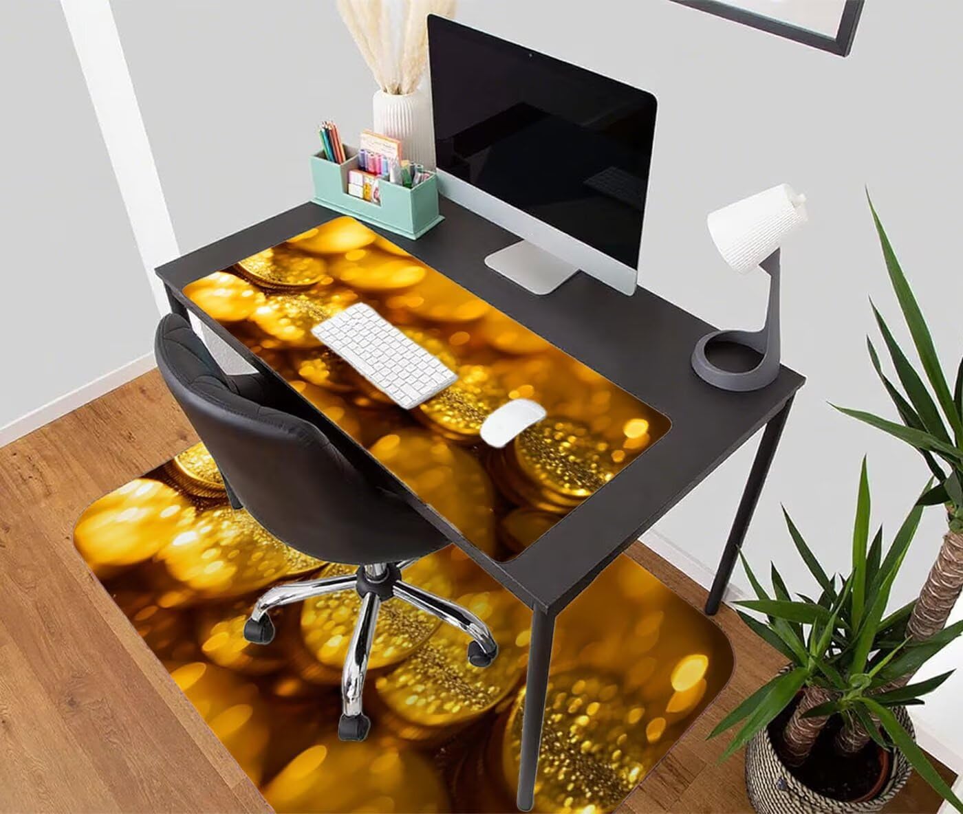 Gamingowa podkładka pod mysz XXL, 1400 x 600 mm, złota, duża podkładka na biurko z antypoślizgową gumową podstawą, abstrakcja z przyszytymi krawędziami, akcesoria biurowe, akcesoria gamingowe